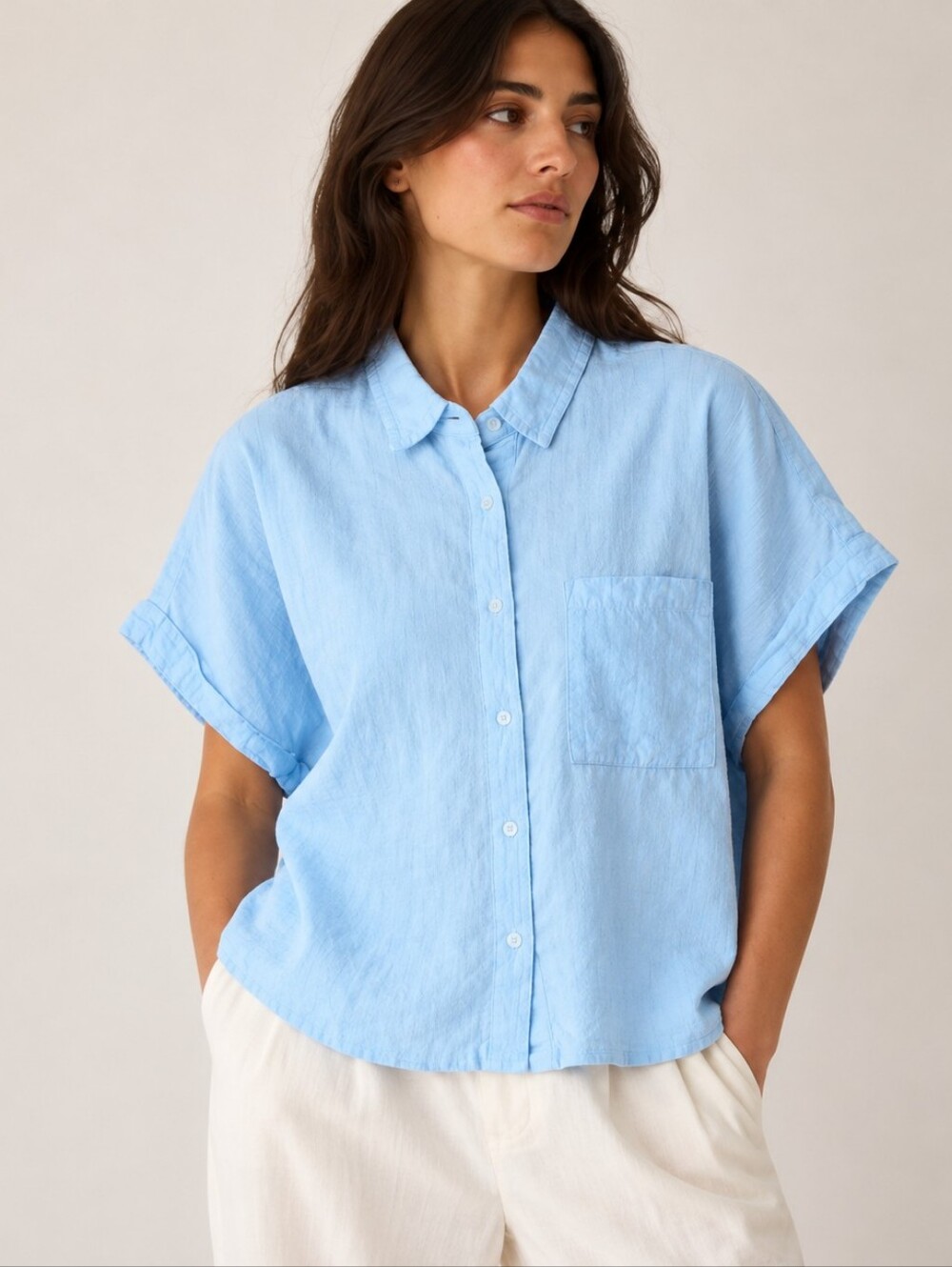 Orvis Linen Blend Short Sleeve Boxy Button-Down Shirt Light Blue XL